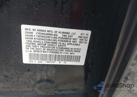 2015 Honda Pilot Ex-L from USA, damaged, VIN 5FNYF4H71FB006314